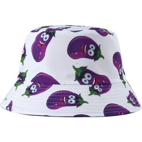 Eggplant Corn Fruits Cuke Fashion Cartoon Printed Cute Bucket Hat Summer Reversible Fishermant Hat Street Hip Hop Fishing Cap