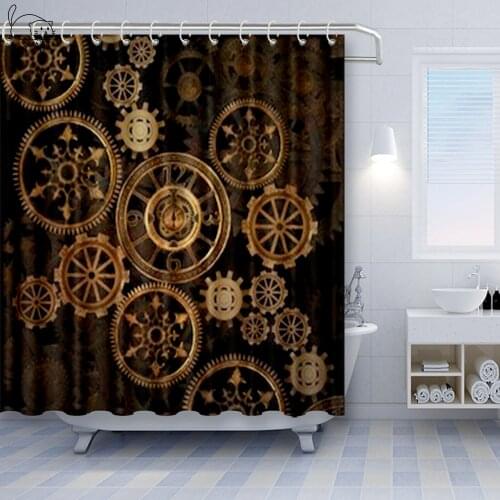 NYAA Industrial Decor Shower Curtain Steampunk Antique Composition Brass Fastening Round Gear Bathroom Decor Set