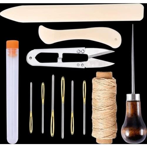 MIUSIE 12Pcs Leather Craft Tools Kit Sewing Awl Tool Bone Folder Creaser Waxed Thread Leather Sewing Needles Scissor Accessories
