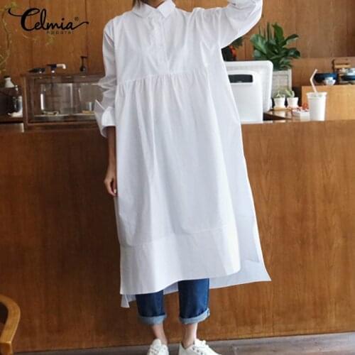 Autumn Women Solid Shirts Dresses Celmia 2021 Casual Loose Stand Collar Lapel Irregular Hem Dress Plus Size Vestidos Robe Mujer