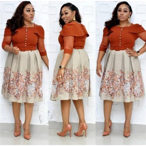 HOUSEOFSD African Fashion Women Belted Print Pleated Midi A Line Dress Female Casual Mesh Sleeve Office Ladies Party Dresses