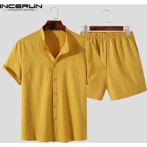 Summer Men Striped Sets Lapel Short Sleeve Shirt & Shorts Streetwear 2021 Vacation Fashion Men Casual Suits 2 Pieces INCERUN 3XL