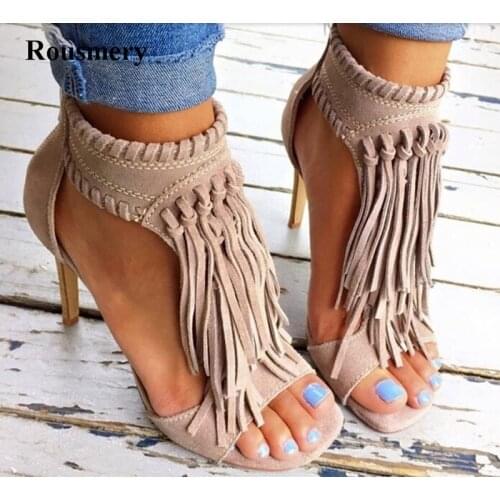 Women Charming Design Ankle Wrap Tassels Gladiator Sandals Peep Toe Cut-out Suede Leather High Heel Sandals Dress Shoes