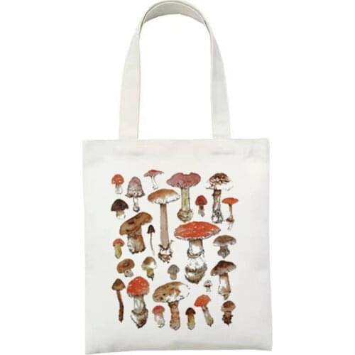 Mushroom Frog And Leaf Plant Printing Bag Funny Animal Printed Handbag Canvas Womens Casual Lady Reusable Large Capacity Bag