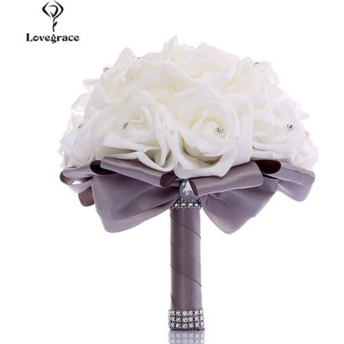 Lovegrace White Foam Roses Wedding Bridal Bridesmaids Bouquets Flowers Silk Rhinestone Mariage Home Floral Decor Wedding Bouquet