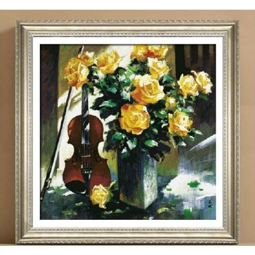 Embroidery Package High Quality Cross Stitch Kits Unopen New Luxurious Flower Yellow Rose and Violin Free shipping