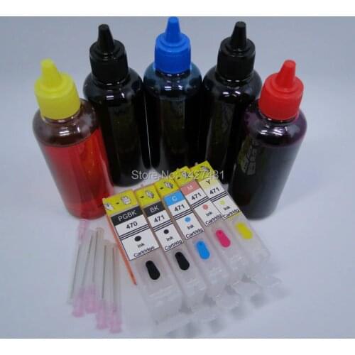 YOTAT 5*100ml Dye ink + Refillable PGI-470 CLI-471 ink cartridge PGI470 CLI471 For Canon PIXMA MG5740 MG6840 TS5040 printer