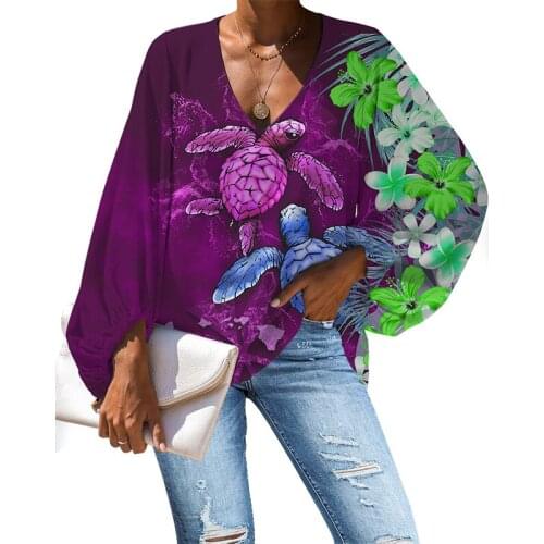 HYCOOL Polynesian Turtle Design Purple Ladies' Blouses & Tops Sexy V Neck Plus Size Tops And Blouses Long Sleeve Chiffon Blouses