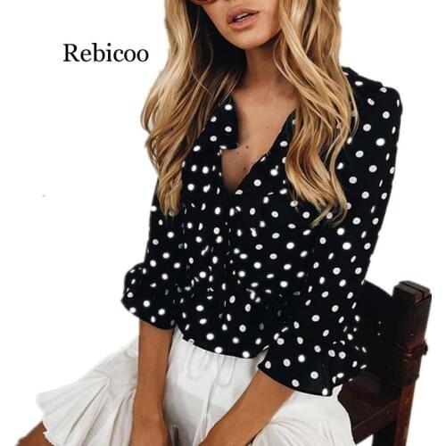 Women Polka Dot shirt Loose V neck Tops Ladies Casual ruffles Sleeve Blouse Shirts Tops women female