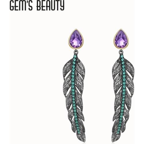 GEMS BEAUTY 925 Sterling Silver For Women Earrings 2021 Style Natural Pear Cut Amethyst Handmade Feather Stud Earrings