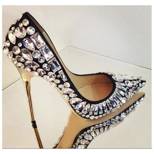 Studded heels sexy high heel super high thin heels pointed toe shiny crystal decoration slip-on women casual&party shoes black