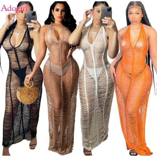 Adogirl Women Sexy See Through Maxi Knitted Beach Dress Sexy Deep V Neck Lace Up Halter Backless Summer Vocation Bikini Tunic