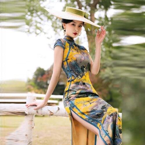 New Fashion Print Cheongsam Chinese Classic Traditional Qipao Split Short Sleeve Robe Orientale Women Party Wedding Long Dress
