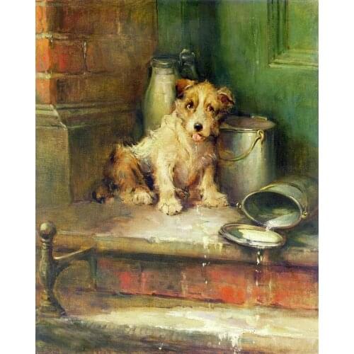 Animal Wall Art Canvas Oil Painting Lovely Dogs Puppy Eating Milk Painting for Home Decor Hand Painted No Framed Vertical