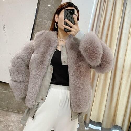 Winter Women Real New whole Skin Fox Fur Coat WIth Sheepskin Collar Short Suit Commuter Parkas Streetwear Thick Warm for 2020
