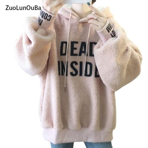 ZuoLunOuBa New Winter Coat Women Hoody Lamb Wool Sweatshirt Embroidered Letters Flannel Pink Pullover Long Sleeve Female