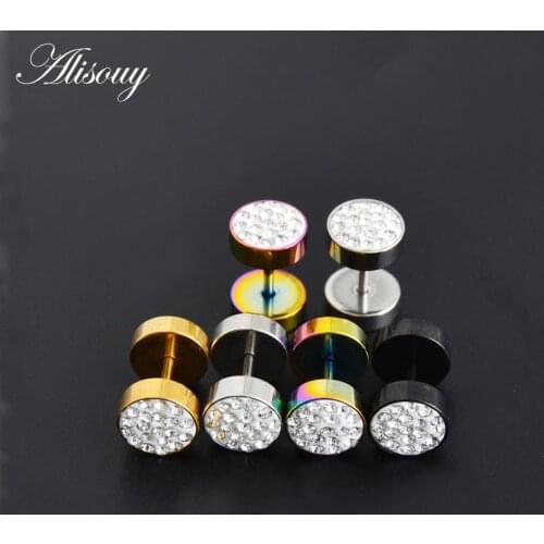 Alisouy 1 Pair Mens Barbell Punk Crystal Ear Studs Earrings Trendy jewelry for men women simple stud earrings ear plug