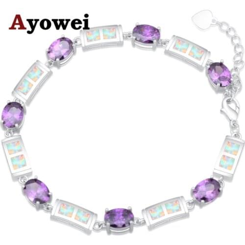 Ayowei 19.5-21.5cm Purple zircon Created White Fire Opal 925 Silver Stamped Vintage Charm Bracelets for girls gift OBS093A