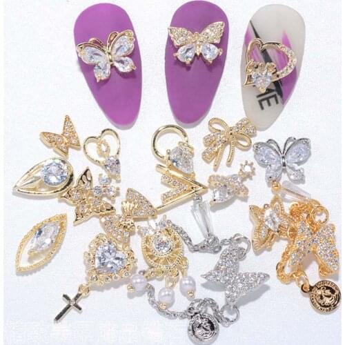 2Pc Shiny Zircon 3D Nail Art Decorations Charm Diamonds Crystal Alloy Pendant Chain Jewelry Manicure Design Accessories