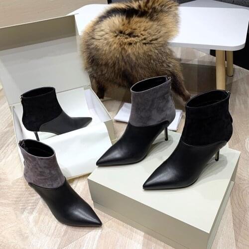 Classic Brand Womens Boots Genuine Leather Boots For Woman Pointed Toe Ankle Boots High Heels Boots Fashion Leather Shoes