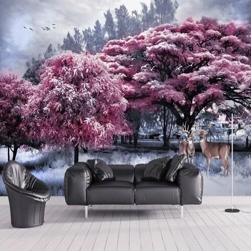 Custom Photo Mural Pink Forest Big Tree Elk Nature Landscape 3D Wall Painting Waterproof Canvas Wallpaper Living Room Restaurant