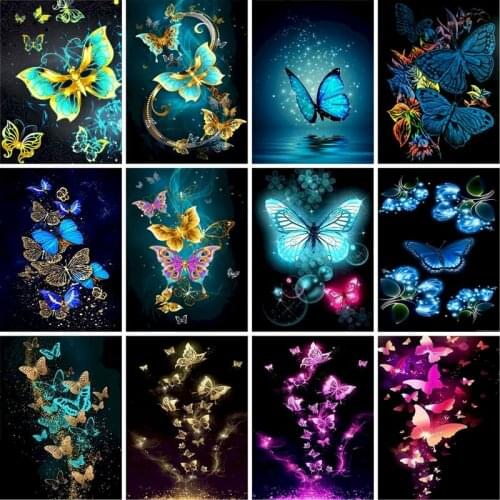 GATYZTORY 60x75cm Painting By Numbers DIY Golden Blue Butterflies Frameless Digital Painting Animals Drawing By Numbers On Canva