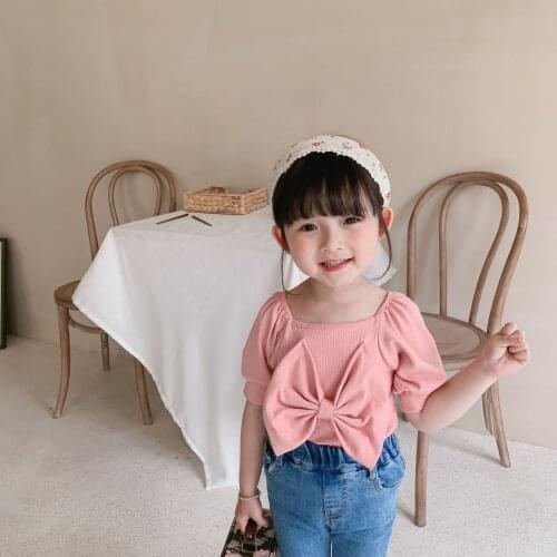 Summer baby girls cute big bowknot square collar short sleeve T shirts cotton 3 colors puff sleeve Tees