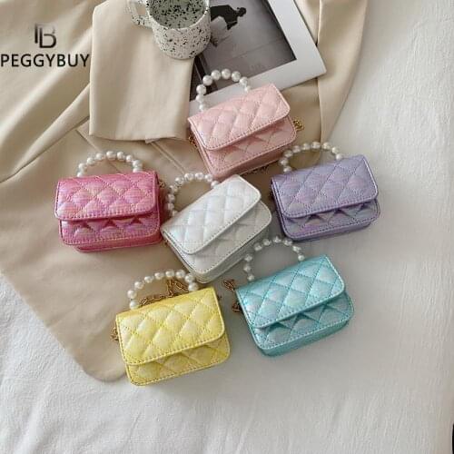 Small Women PU Leather Plain Handbags Lattice Pattern Crossbody Flap Bags Female Pearl Chain Shoulder Messenger Bag