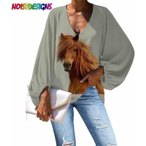 NOISYDESIGNS Large Size 3D Animal Crazy Horse Print Women Blouse 2021 Casual Loose Long Sleeve Tops V-neck Shirts Customized