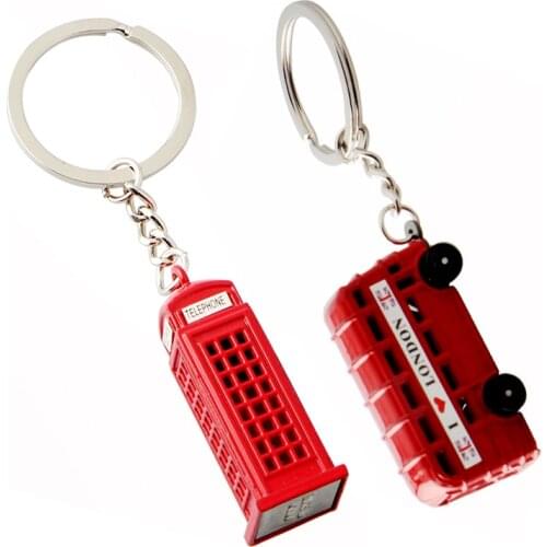 New Personality Fashion Creative Phone Booth Double-decker Bus Metal Car Bag Key Ring Suitable For Men And Women Key Chain Penda