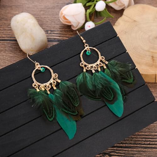 New Round Beaded Feather Tassel Earrings Womens Temperament Fashion Simple Bohemain Ethnic Long Earrings