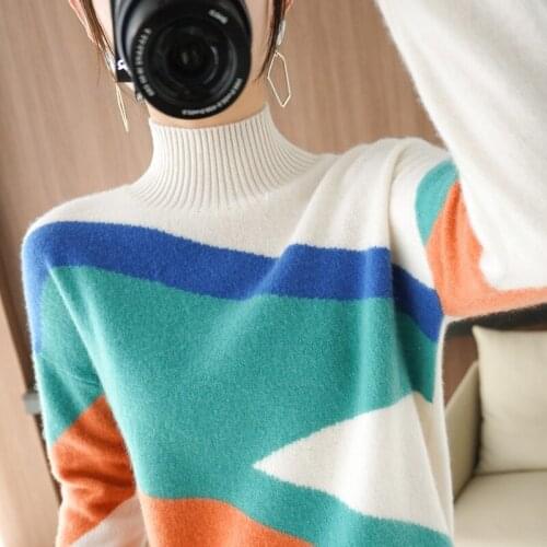 Autumn Winter Color Matching Pullover 100% Wool Cashmere Sweater Women Fashion Long Sleeve Jumpers Knitted Loose Wool Sweaters