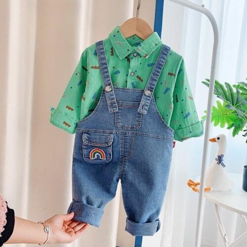 Autumn Children Baby Boys Girls Clothes Infant Causal Full Printe Shirt Overalls Bib Jeans 2Pcs/Sets Toddler Clothing Kids Suit