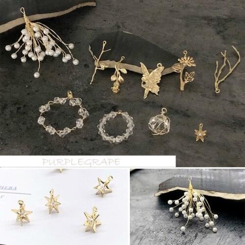 Gold-Plated Series Ornament Pendant DIY Handmade Earrings Accessories Flower Leaves Five-Pointed Star Butterfly Elf 2pcs