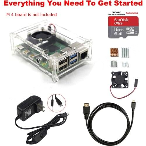 Raspberry Pi 4 Model B Starter Kit Power Supply Acrylic Case Fan Heatsink HDMI