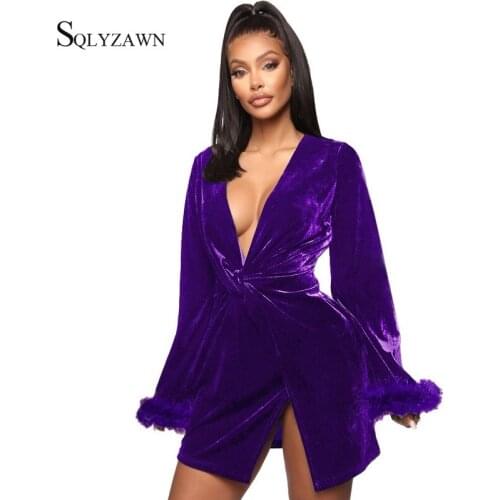 Sexy Velvet Fur Long Sleeve Split Mini Dress Female Fall Winter Vintage Knotted Christmas Vestidos Elegant Party Velour Clothes
