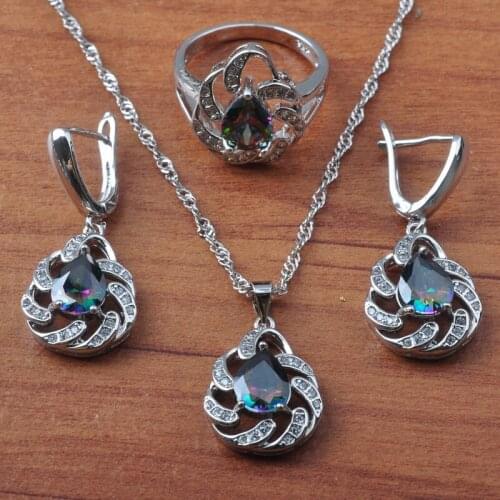 Silver Color Jewelry Sets For Women Multicolor Rainbow Zirconia Brithday Gift Earrings Necklace Pendant Rings Set JS0633