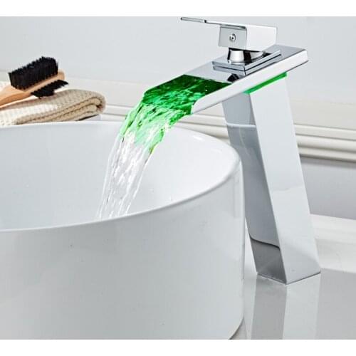LED Basin Faucet Brass Waterfall Temperature Colors Change Bathroom Mixer Tap Deck Mounted basin sink Mixer Tap Bathroom LED Tap