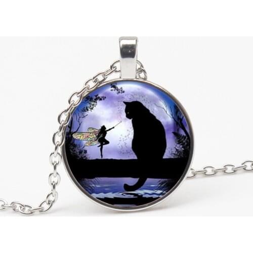 Vintage Glamour Necklace Fairy Black Cat Photo Tibet Convex Round Glass Pendant Chain Necklace Woman Man Gift Souvenir