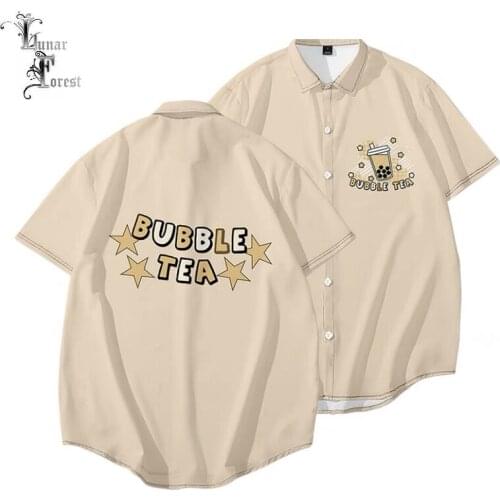 Funny Bubble Tea 3D Printing Unisex Shirt Casual Short Sleeve Cool Loose Button Harajuku Style Streetwear Overclothes Oversize