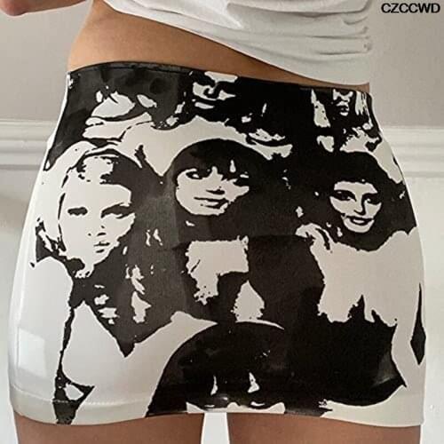 Y2k Indie Mini Skirt Women Summer 90s Vintage Aesthetic Graphic Print Pencil Harajuku Gothic Bodycon E-girl Streetwear Skirt