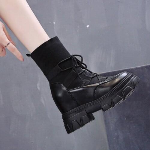 Boots Women 2021 New British Wind Socks Thick Bottom Wild Thick Heel Motorcycle Stretch Fabric Lace-up Round Toe Botas Mujer hot