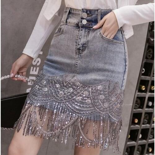 Pantalones Cortos Mujer 2020 Summer Streetwear Shorts Women Hand-Studded Diamond Tassels Chain Light Blue Denim Shorts