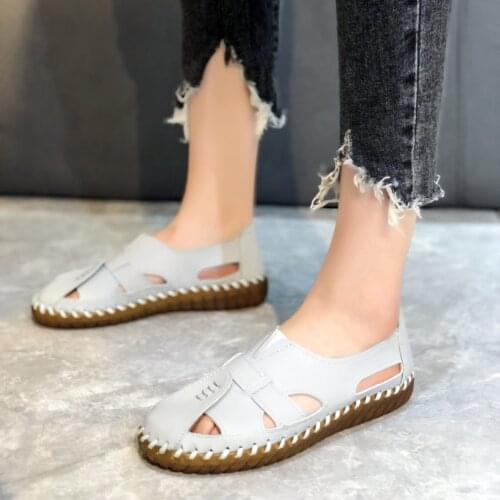 Genuine Leather Women Flats Hollow Woman Shoes Summer Womens Loafers Breathable Beach Female Sandals Plus Size 35-43