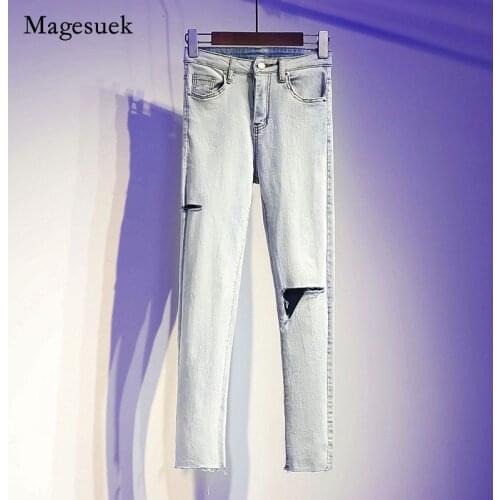 2021 Summer Autumn Slim Middle Waist Pencil Pants Plus Size Thin Light Blue Jeans for Women Pockets Ripped Jeans for Women 16146