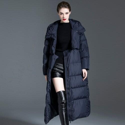 2020 Winter X-Long Hooded Thickened Loose Korean High End Women 90% White Duck Down Coat Plus Size Warm Black Down Jacket