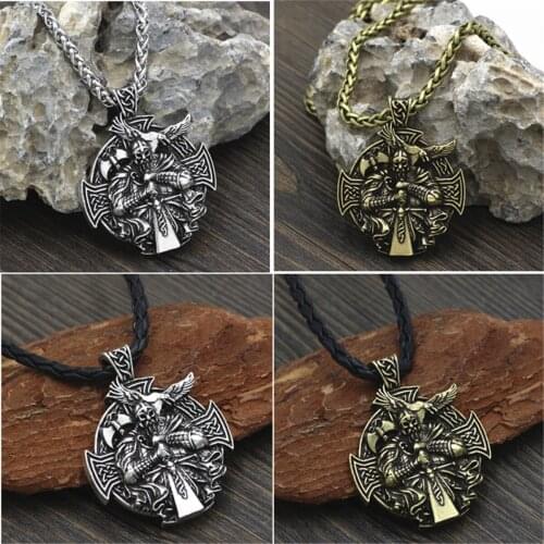 Norse Viking Odin With Sword Raven Cross Pendant Necklace Stainless Steel Chain