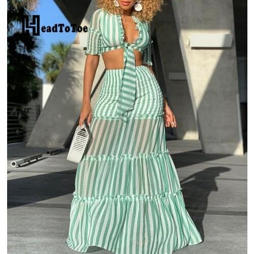 Striped Women Two Piece Dress Half Sleeve Knotted Front Crop Tops & Bandeau Maxi Skirts Set Women 2 Piece Set Outfits