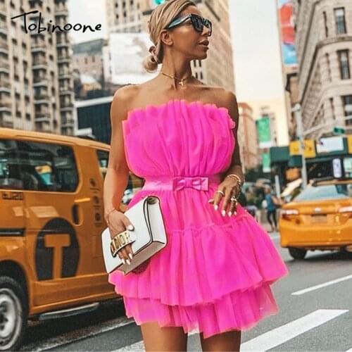Tobinoone mesh dress womens sweet sexy pink backless mini dress kendall jenner bow tie strapless female chic party wear dresses