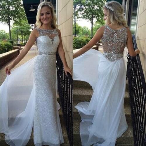 Sparkly Sequined Beaded Evening Dresses O-Neck Sleeveless Lace Crystal Luxury Party Prom Gown For Women Floor Length Royal